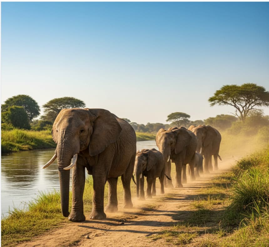 Elephant family walking along the Mara Riverbank in Masai Mara National Reserve, Kenya.