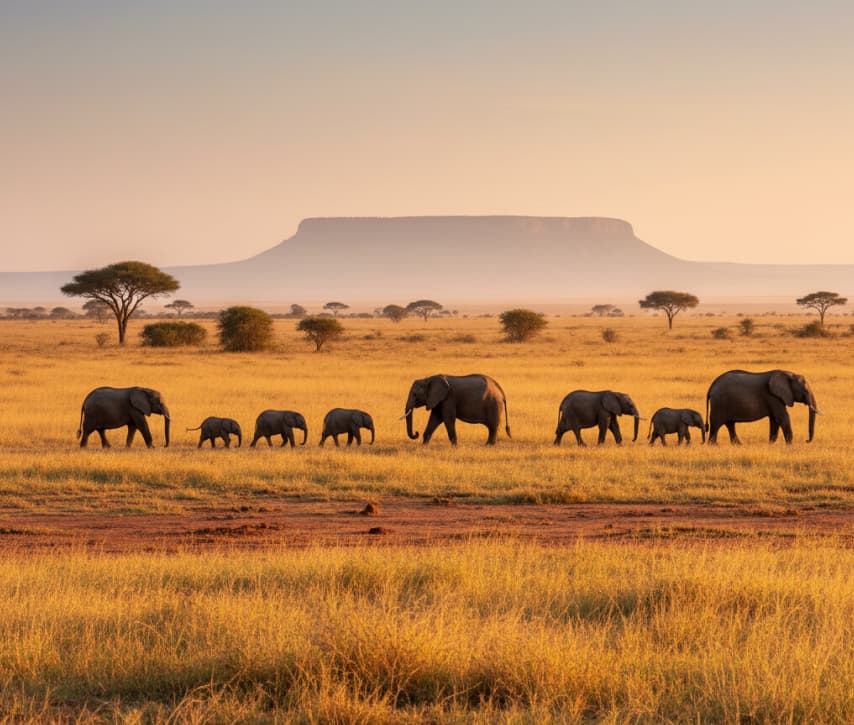 African elephants walking across the golden Masai Mara savannah at sunrise.