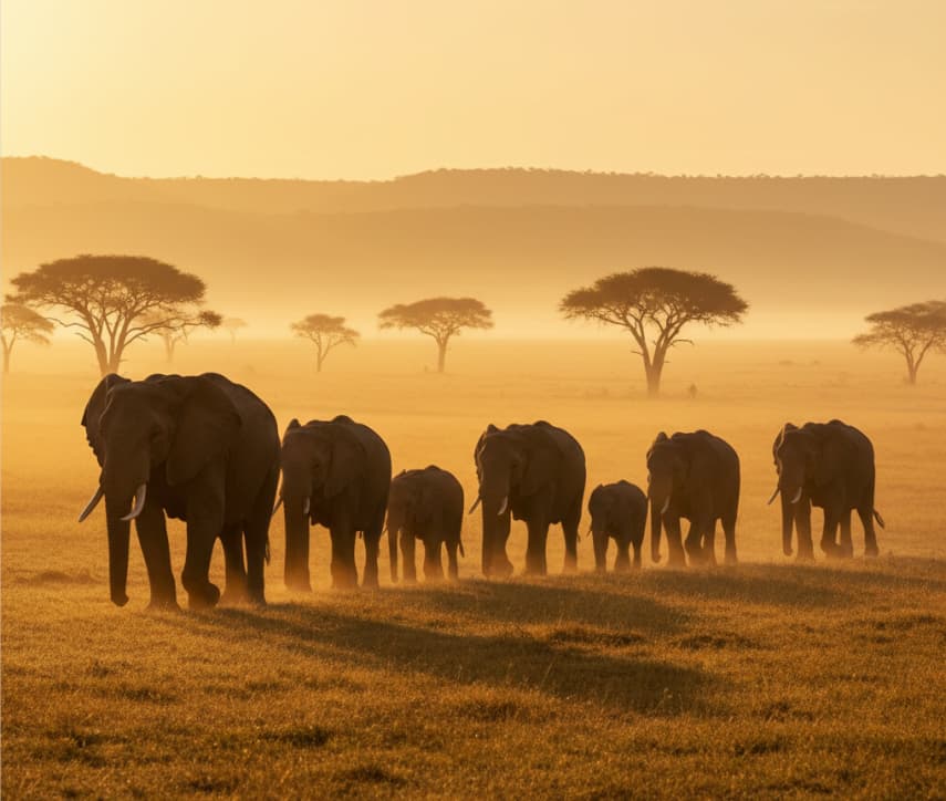 African elephants walking across Masai Mara savannah at sunrise, with acacia trees and golden light, Kenya.