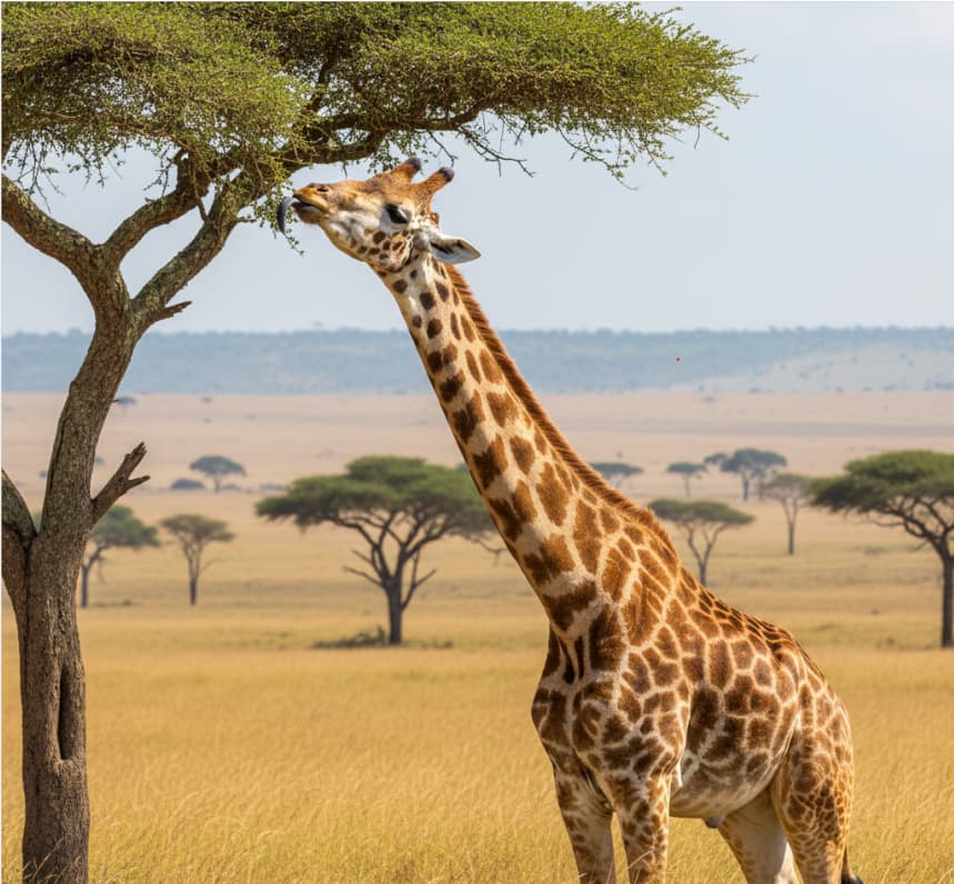 Close-up of a giraffe browsing an acacia tree in the Masai Mara savannah during daytime, with natural sunlight and open grassland, Kenya.