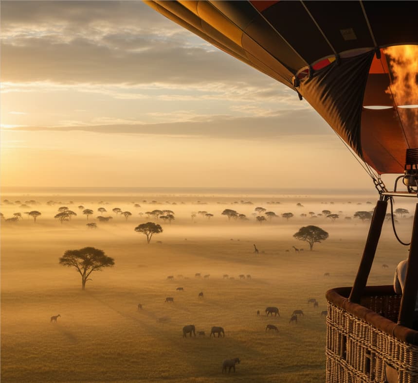 Hot air balloon flying over Masai Mara savannah at dawn with wildlife below and golden sunlight.
