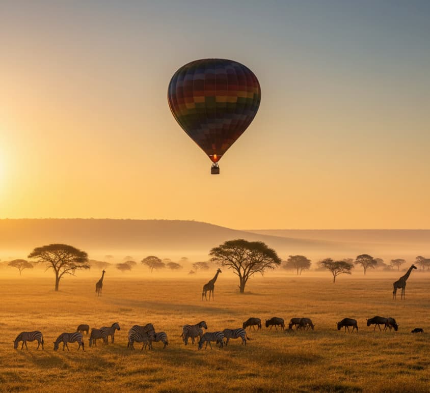 Hot air balloon floating above Masai Mara plains at sunrise with wildlife below.