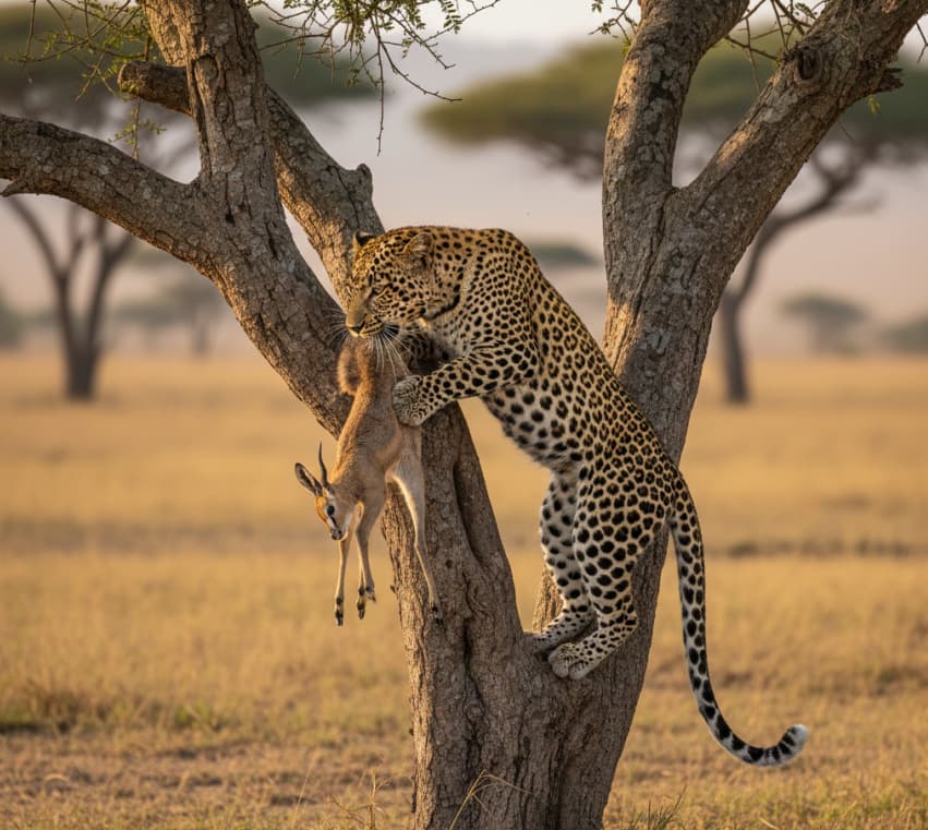 Leopard carrying a young antelope carcass while climbing an acacia tree in Masai Mara.