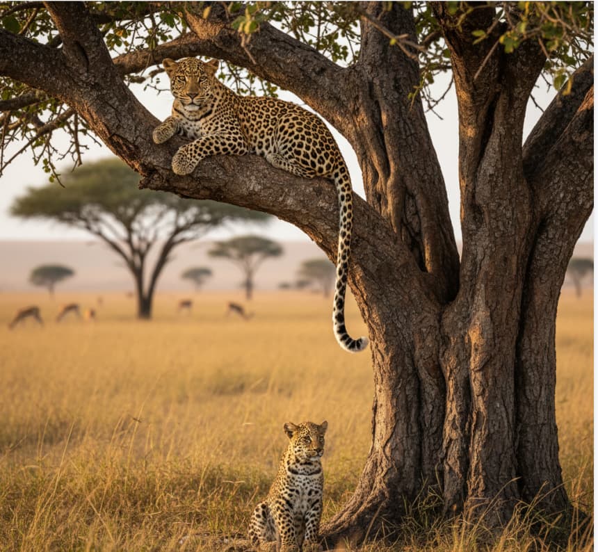 Two leopards in Masai Mara, one resting on a fig tree branch and another on the ground.