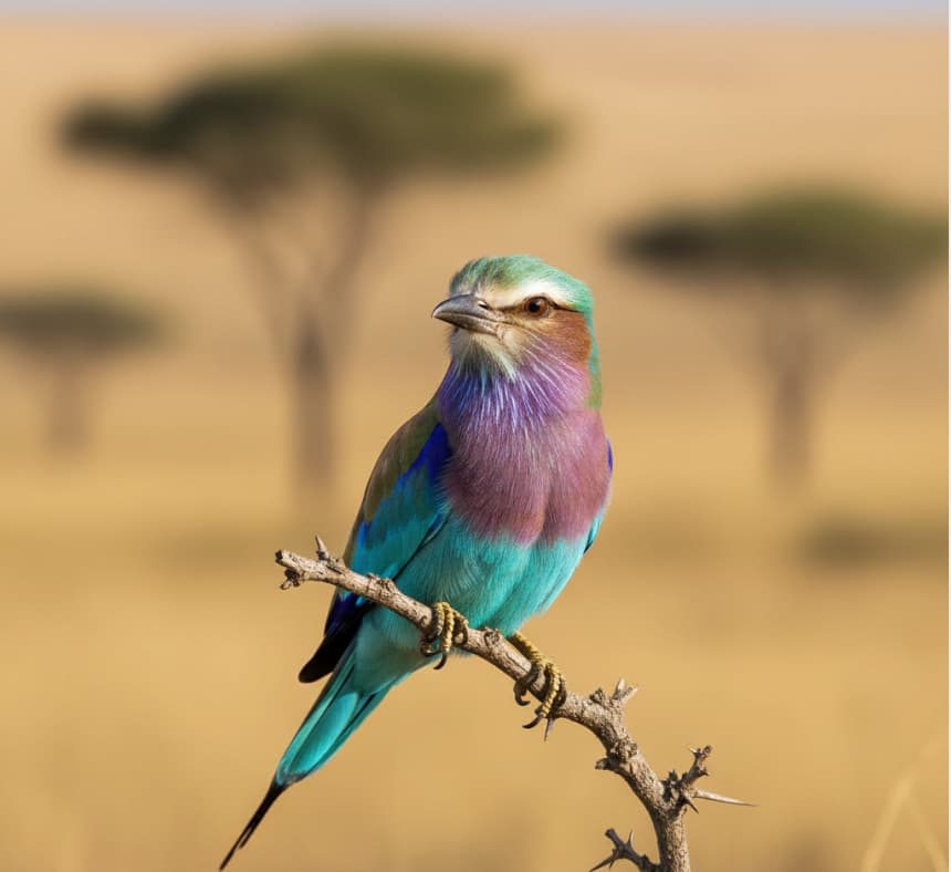 2 Days Masai Mara 3 Lilac-breasted roller perched on acacia tree in natural Masai Mara savannah
