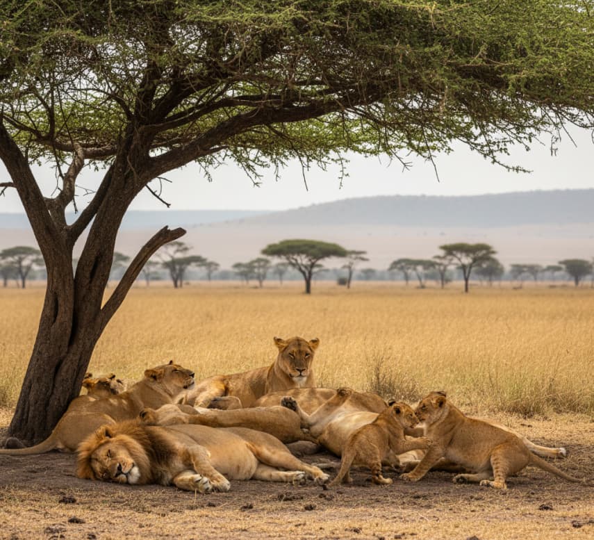 Lion pride resting and cubs playing under acacia tree in Masai Mara National Reserve, Kenya.