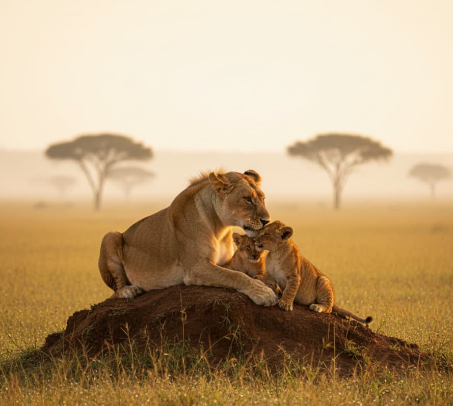 Lioness grooming her cubs at sunrise on the Masai Mara savannah, Kenya.