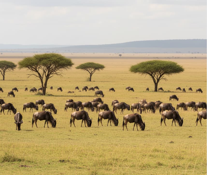 Large wildebeest herd grazing on open savannah plains in Masai Mara.
