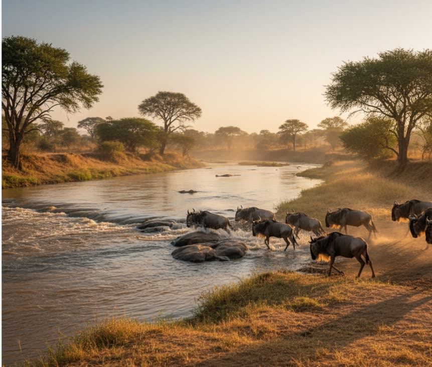 Wildebeest carefully crossing the Mara River in Masai Mara National Reserve.