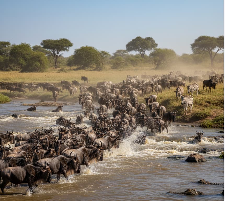 2 Days Masai Mara 4 Wildebeest and zebras crossing Mara River during natural migration in Masai Mara