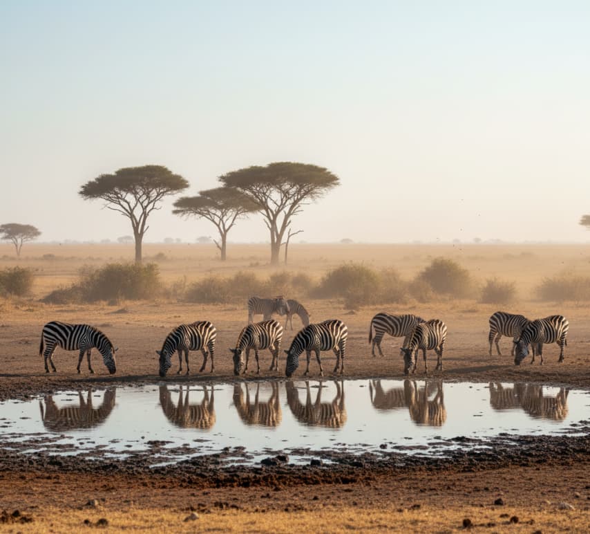Plains zebras grazing near waterhole in Amboseli savannah landscape