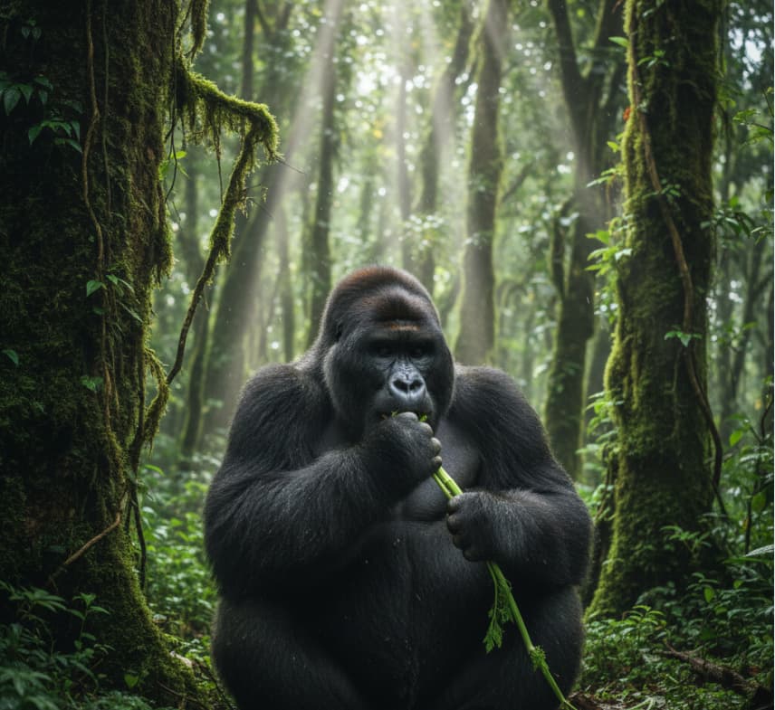 Observing a majestic silverback mountain gorilla in its natural rainforest habitat during a 4-day Uganda gorilla trekking safari.