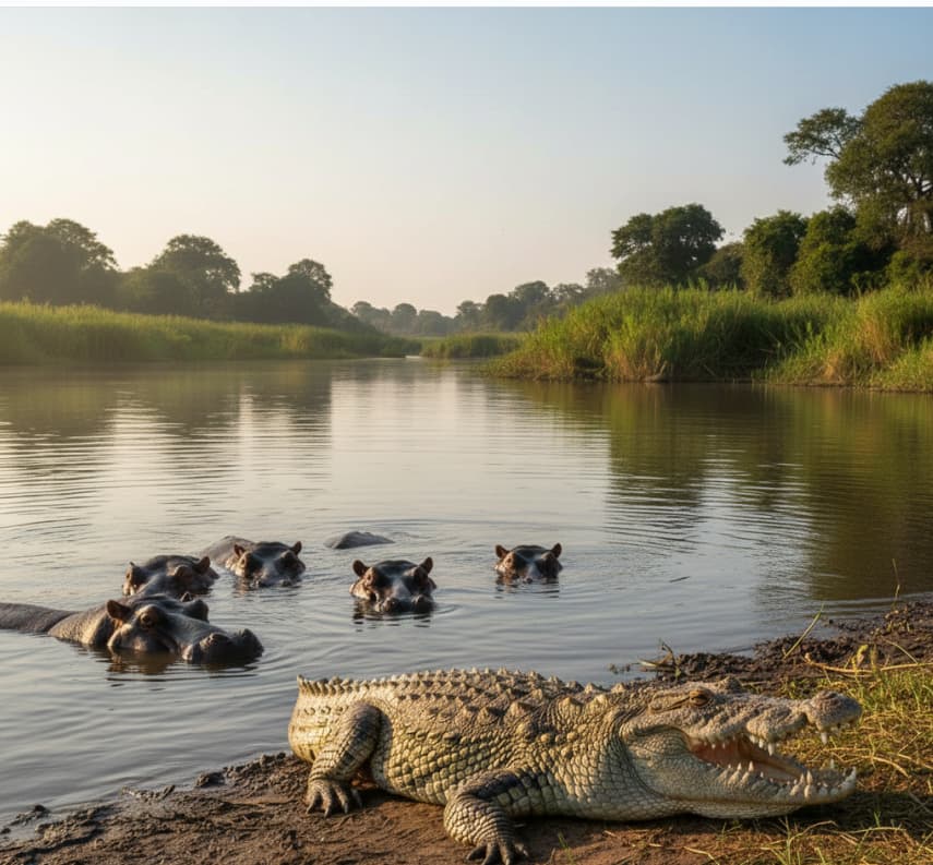  Murchison Falls National Park featuring hippos and crocodiles along the riverbank.