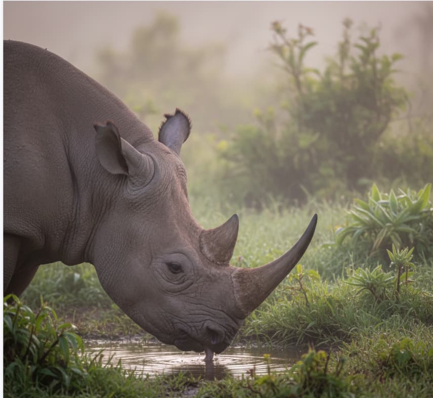 Black rhinoceros drinking at a freshwater spring on the Ngorongoro Crater rim, Tanzania