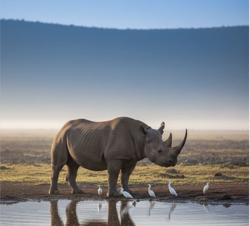 Black rhinoceros at a watering hole in the Ngorongoro Conservation Area, Tanzania