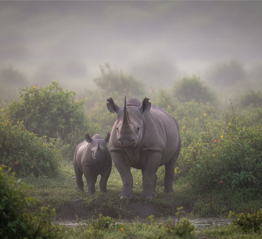 Black rhinoceros with calf near a crater spring in Ngorongoro Crater, Tanzania