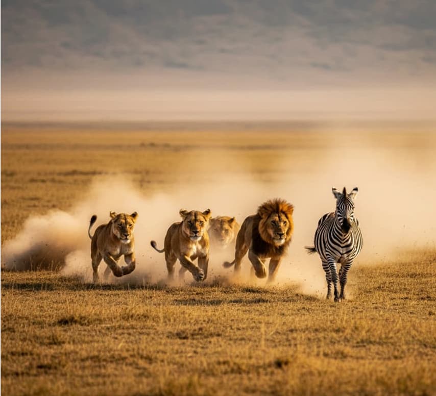 Lions hunting a zebra on the plains of Ngorongoro Crater, Tanzania