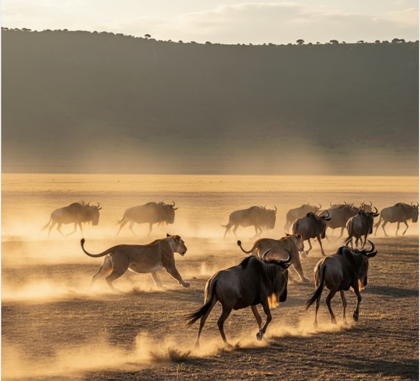 Pride of lions chasing a wildebeest herd on the Ngorongoro Crater floor, Tanzania
