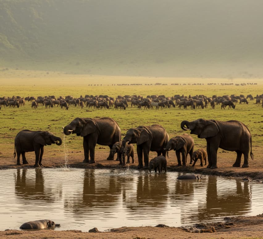 Elephant herd at a hippo pool with grazing wildebeest in Ngorongoro Crater, Tanzania