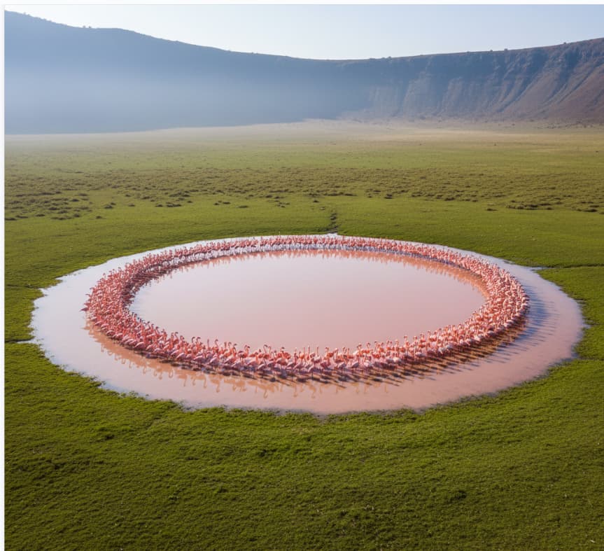 Circle of flamingos at the soda lake in the center of Ngorongoro Crater, Tanzania