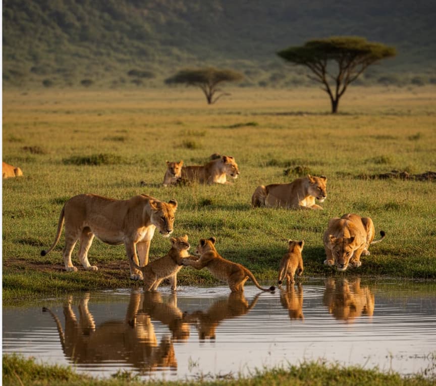 Lion pride with playful cubs at a waterhole on the Ngorongoro Crater floor, Tanzania
