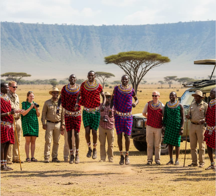 Maasai warriors performing traditional jumping dance with interacting safari guests near Ngorongoro Conservation Area, Tanzania