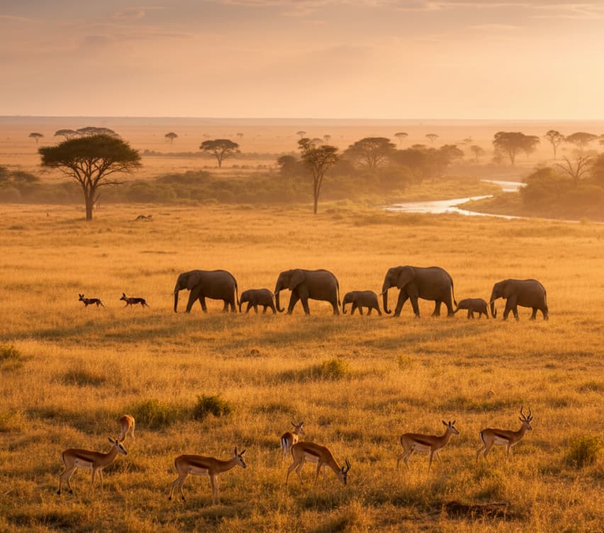 4 Days Samburu-Sweet Waters (Ol Pejeta) 5 Elephants, African wild dogs and impala on the plains of Ol Pejeta Conservancy, Kenya.