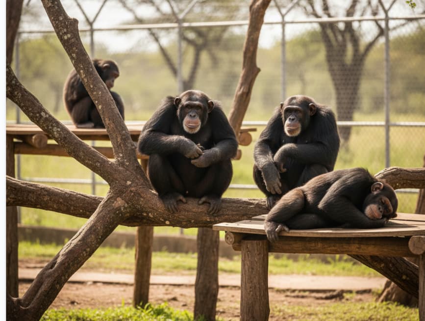 4 Days Samburu-Sweet Waters (Ol Pejeta) 4 Rescued chimpanzees resting in Sweetwaters Chimpanzee Sanctuary, Ol Pejeta Conservancy, Kenya.