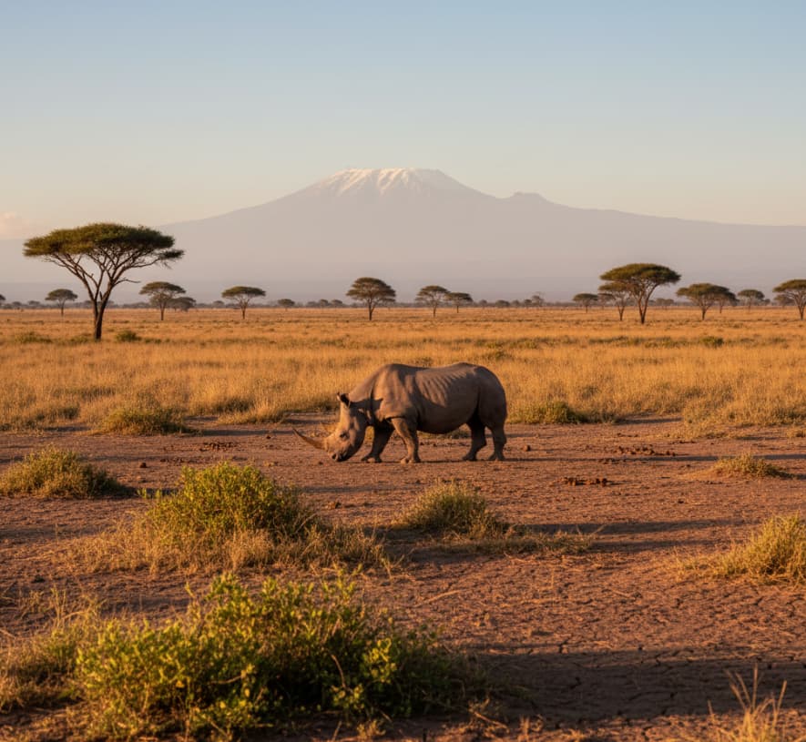 Black rhino grazing on dry savannah in Ol Pejeta Conservancy with Mount Kenya background
