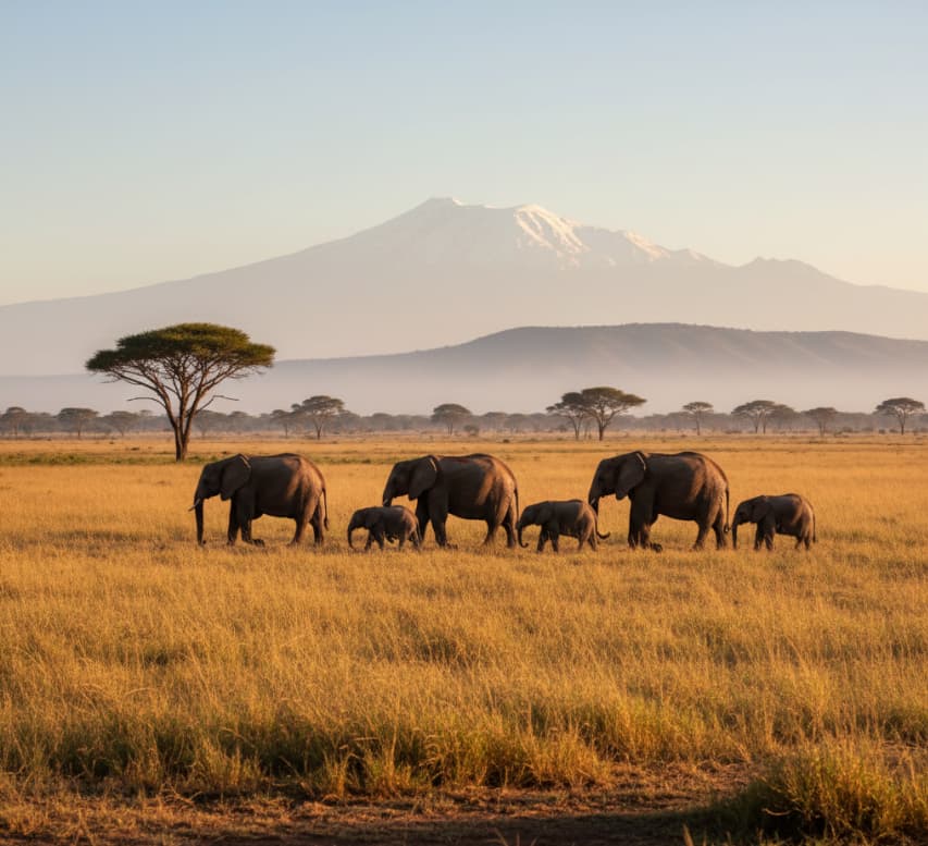 African elephant herd walking on Ol Pejeta grasslands with Mount Kenya in background