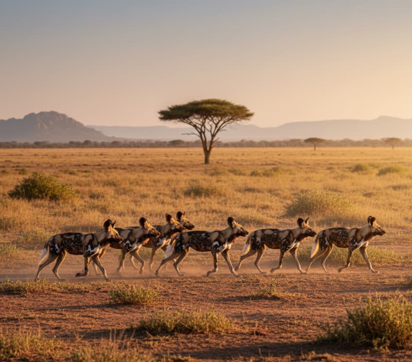Pack of African wild dogs moving through Ol Pejeta Conservancy grasslands in Kenya