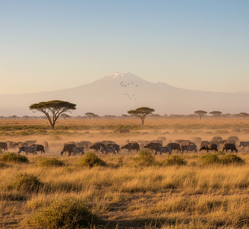 Panoramic view of zebras and buffalo grazing on Ol Pejeta plains with Mount Kenya backdrop
