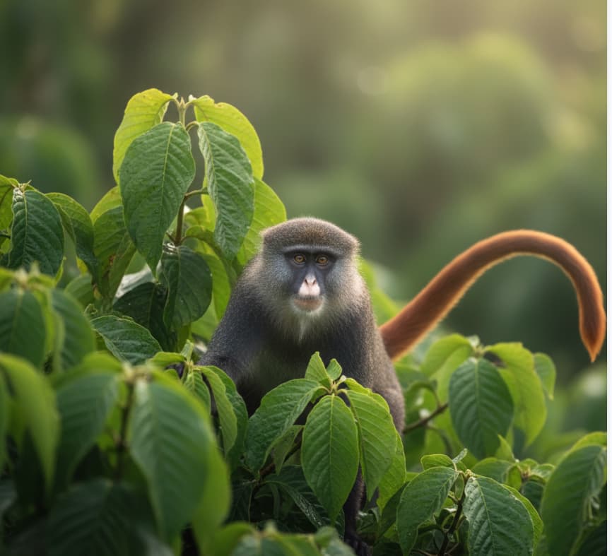 A Red-tailed monkey in the trees of Bwindi Impenetrable National Park, showcasing Uganda’s smaller primate species.