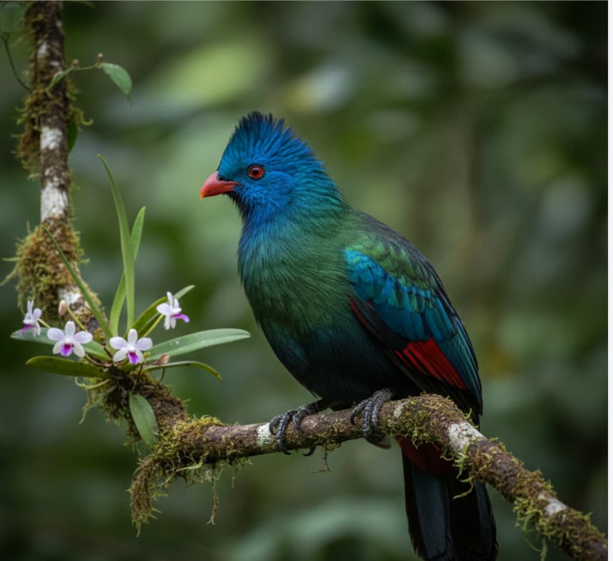 Spotting the endemic Ruwenzori Turaco, one of the many rare bird species found in the high-altitude forests of Bwindi, Uganda.