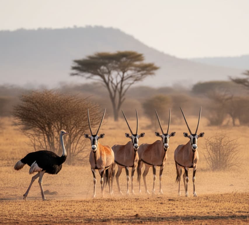 4 Days Samburu-Sweet Waters (Ol Pejeta) 2 Beisa oryx and a Somali ostrich on the dry plains of Samburu National Reserve, Kenya.
