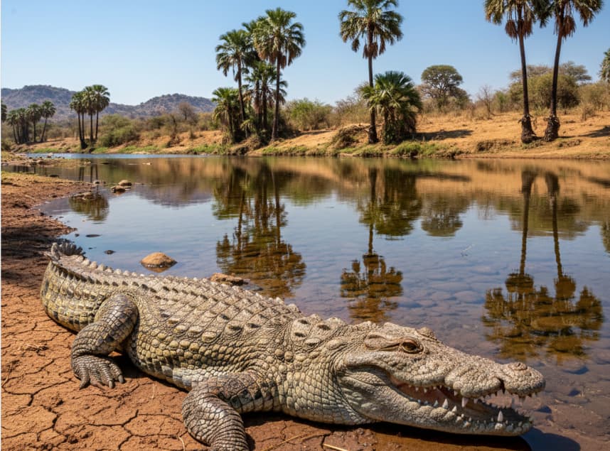 Nile crocodile basking along the Ewaso Ng’iro River in Samburu.