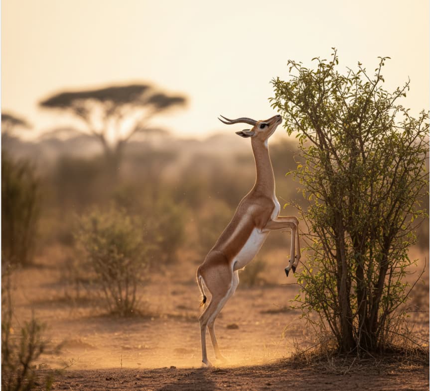 Gerenuk standing upright while browsing shrubs in Samburu.
