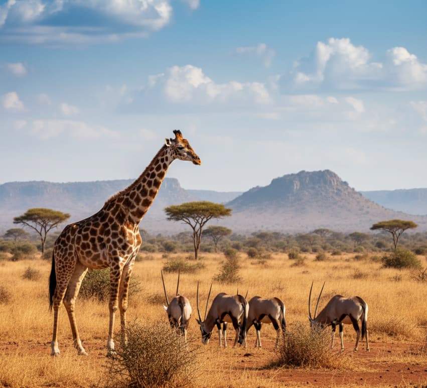 Reticulated giraffe and beisa oryx grazing on Samburu plains.