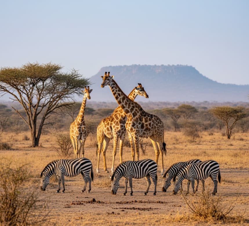4 Days Samburu-Sweet Waters (Ol Pejeta) 1 Reticulated giraffes browsing acacia trees and Grevy’s zebras grazing on the plains of Samburu National Reserve, Kenya.