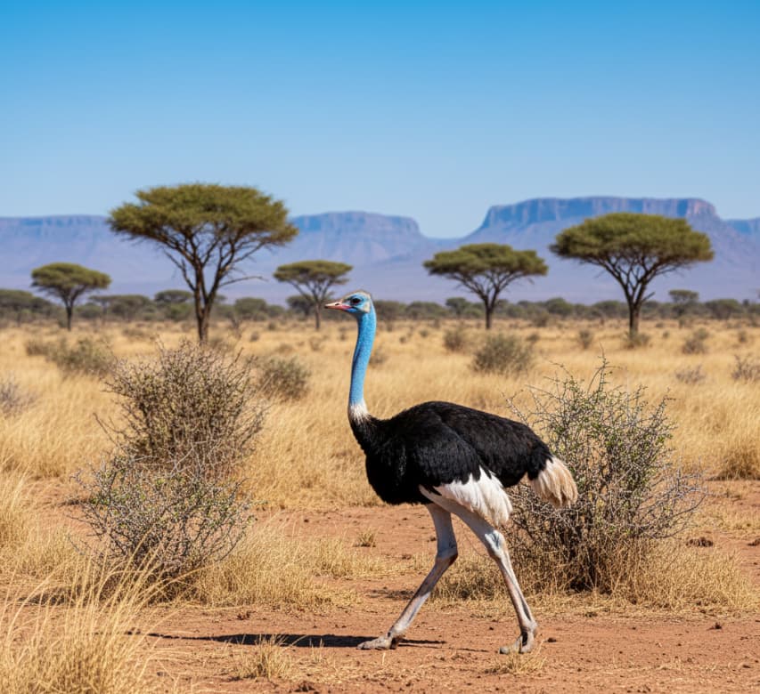 Male Somali ostrich walking across the Samburu plains.