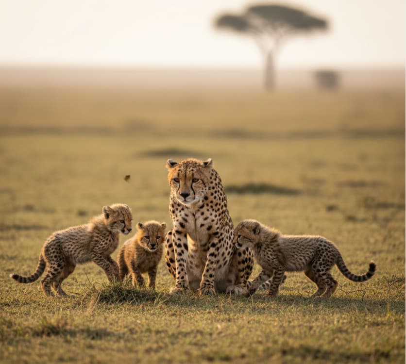 Cheetah mother teaching cubs to stalk prey on the Serengeti plains, Tanzania