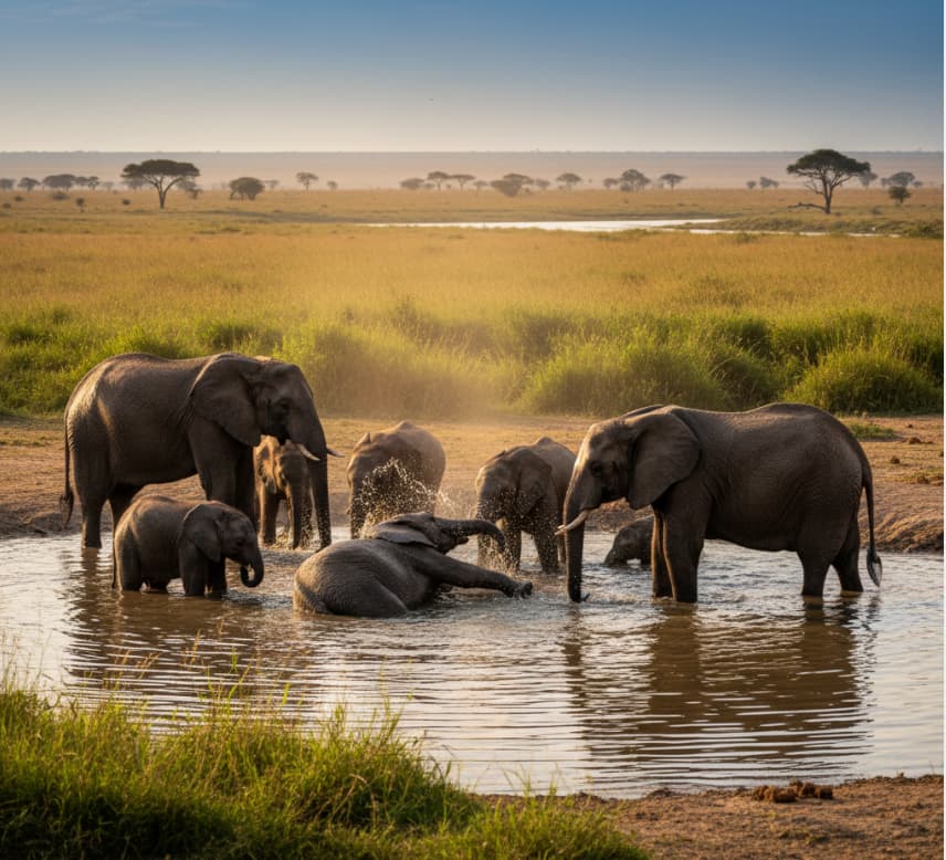 Elephant family bathing at a waterhole near the Grumeti River in Serengeti National Park, Tanzania