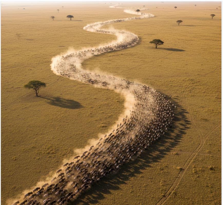 Aerial view of wildebeest and zebra Great Migration with swirling dust trail over Serengeti plains, Tanzania