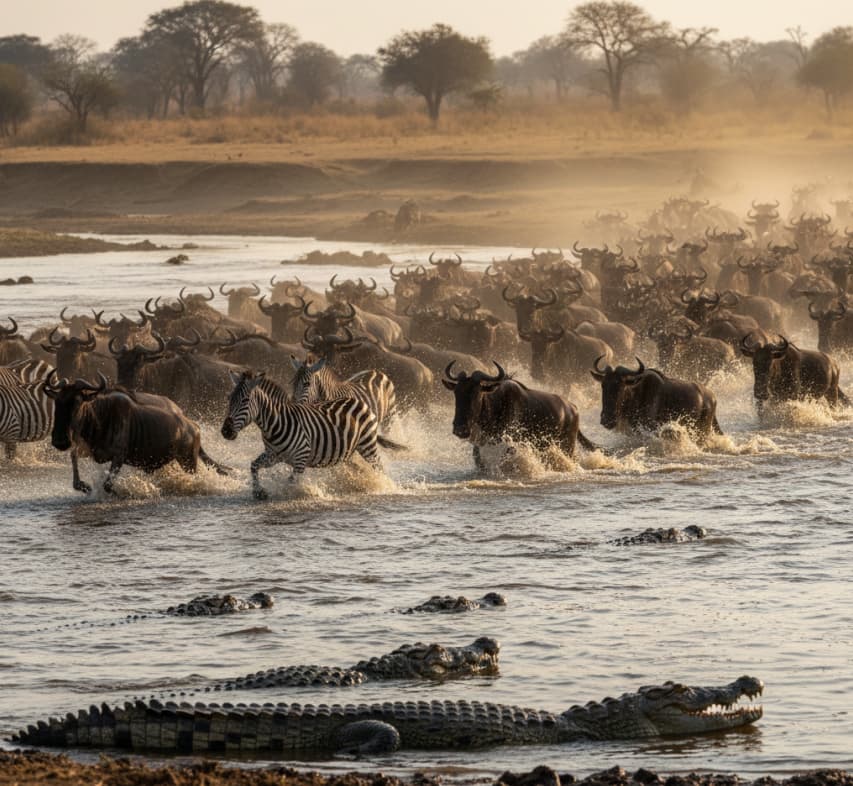 Wildebeest and zebras crossing the Mara River during the Great Migration in Serengeti National Park, Tanzania