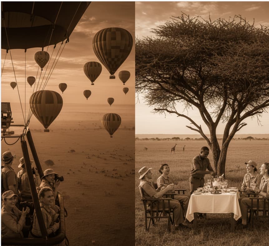 Hot-air balloon safari over Serengeti plains with wildlife below followed by wilderness champagne lunch under acacia trees