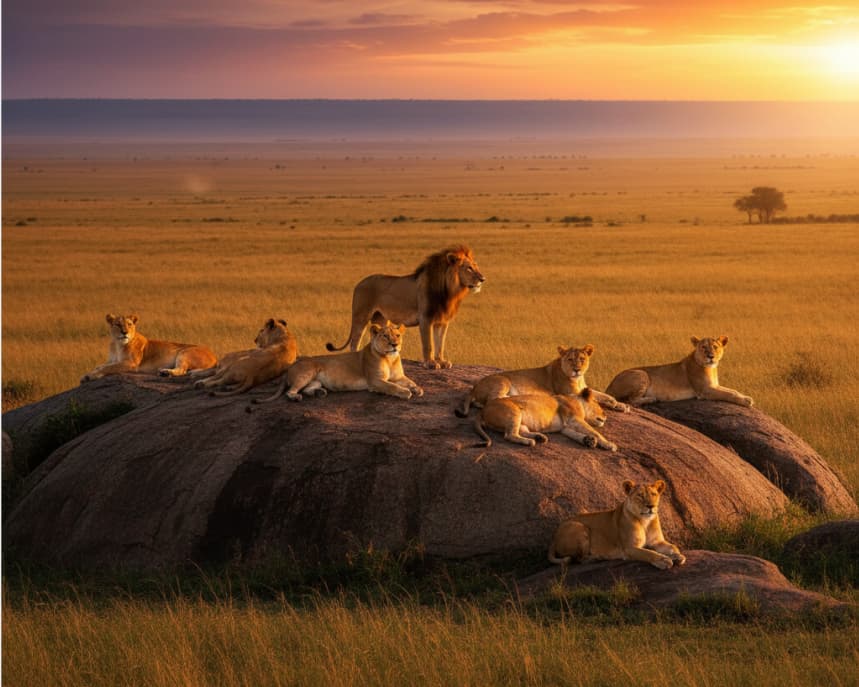 Lion pride on a Seronera kopje at sunset in Serengeti National Park, Tanzania