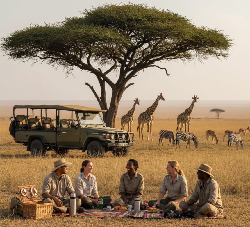 afari tourists enjoying a picnic under a shady acacia tree on the Serengeti plains while giraffes and zebras graze nearby, Tanzania
