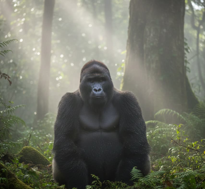 Mountain gorilla silverback in Bwindi Impenetrable National Park, Uganda, sitting in a misty rainforest clearing.