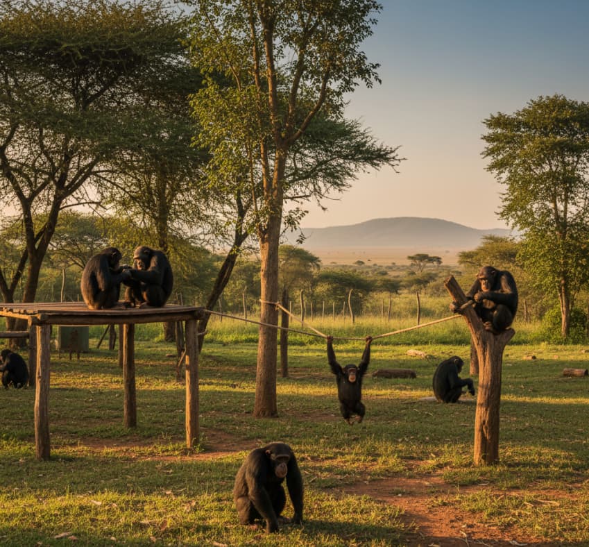 Rescued chimpanzees interacting in semi-natural Sweetwaters Sanctuary enclosure in Kenya