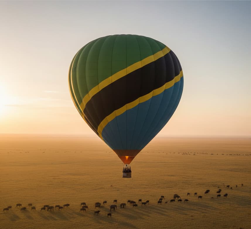 Hot air balloon safari at sunrise over Northern Tanzania savannah with wildlife below